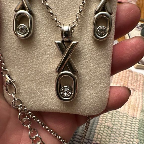 Brighton Silver Hugs and Kisses Necklace and Earring Set Crystal NWOT - Picture 2 of 4